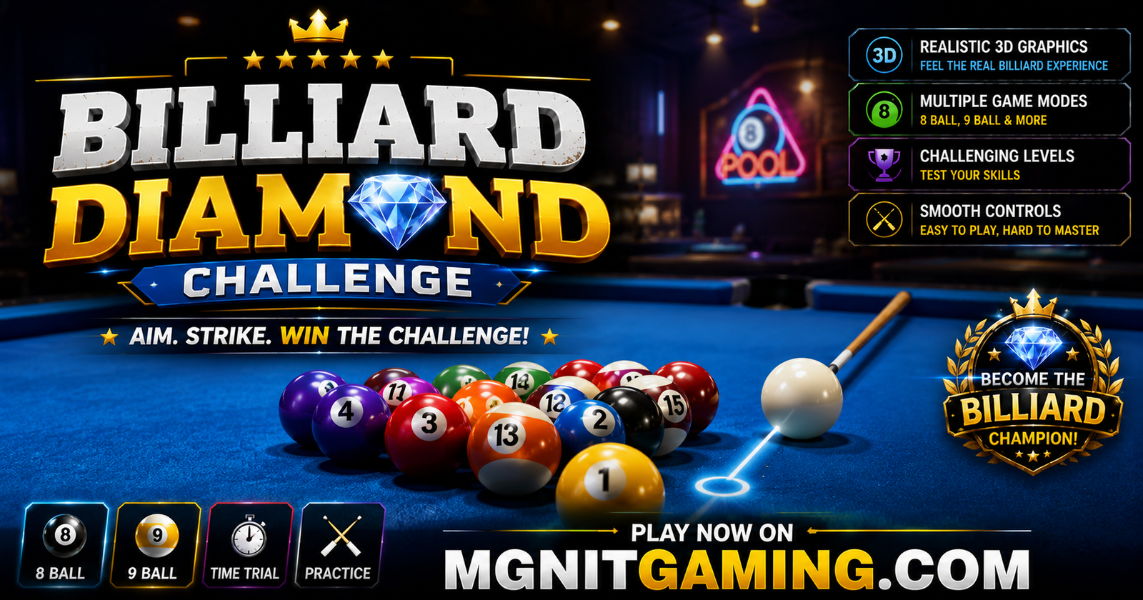  Play Billiard Diamond Challenge Online Free | Fun Free Pool Game for Kids & Adults | MGNiT Gaming